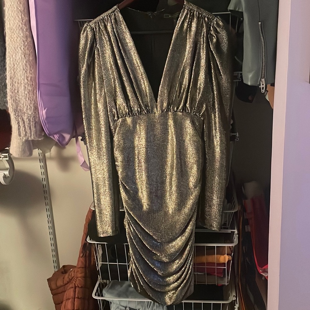 BCBG MAXAZRIA Ruched Long Sleeve Metallic Cocktail Mini Dress